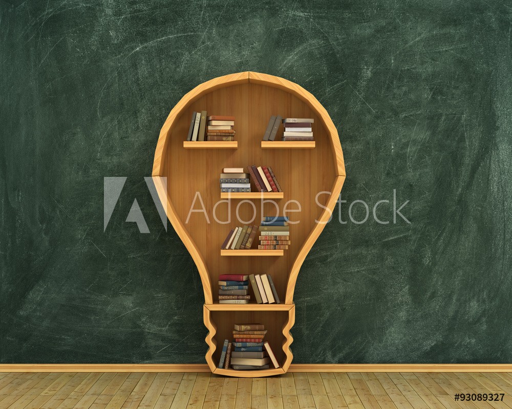 Image de Concept of idea Bookshelf full of books in form of bulb with co